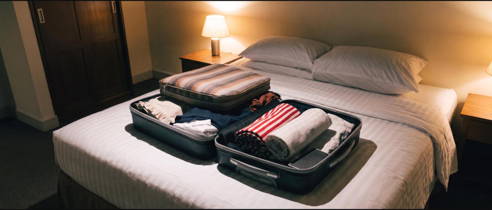 A folded soft cooler bag packed flat on top of clothes in an open suitcase in a hotel room
